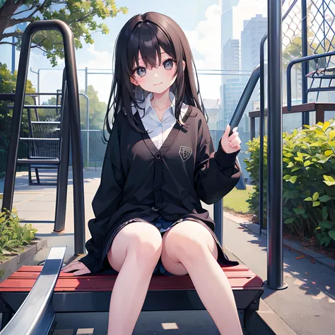 girl with、1 persons、Dark hair、Black eyes、length hair、A smile、Pupils、校服、Cardigan、a park、Sit on the playground slide