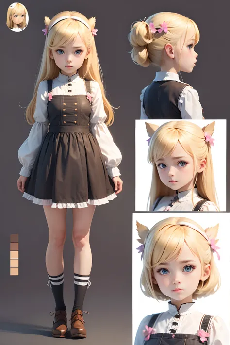 Character sheet, multiple angles, little girl, blond hair, cute clothes, blue hazel eyes.