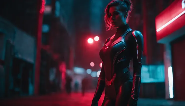 Theres a cyborg woman wearing a futuristic leotard standing in a cyberpunk city alley at night, darksynth aesthetic, red neons, haze, foggy night, ultra detailed, photorealistic.