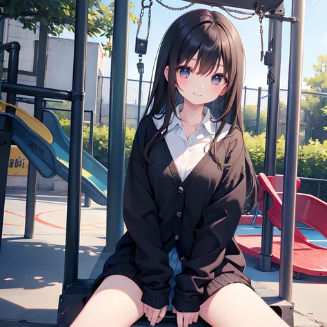 girl with、1 persons、Dark hair、Black eyes、length hair、A smile、Pupils、校服、Cardigan、a park、Sit on the playground slide