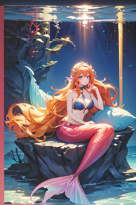 4K.hight resolution,One Woman,Red Mermaid,Yellow hair,Longhaire,huge tit,Little Mermaid,light blue shell bra,jewel decorations,Pearl decoration,tiarra,under the water,Under the sea,Gorgeous light and shadows