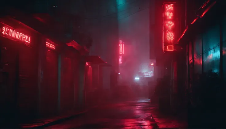 Cyberpunk alley at night, darksynth aesthetic, red neons, haze, foggy night, ultra detailed, photorealistic.