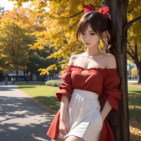 masterpiece, award winning, super detail, high quality, girl, solo, Maple leaf character, theme color is red, cute, in the park, in the afternoon, on a sunny day, in autumn, natural light