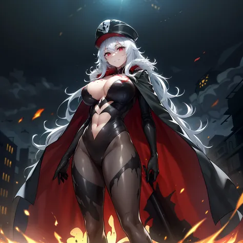 1girl,gigantic breasts,standing in ruined city,(8k),scratches,detailed face,white hair,red eyes,long hair,embarassed,small smile face,high_res, high_definition,the battlefield,Heroic pose,dark suit,military hat,black cape,(symbiote spider man Custome:1.1),