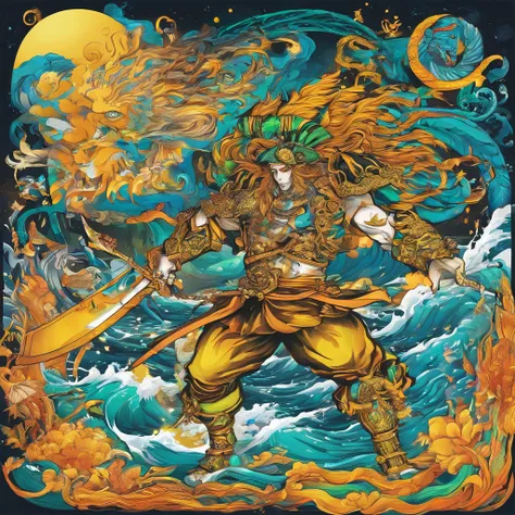 create a mutant or monster pirate, background with the sea, vibrant colors, golden accessories, brilliant eyes (blue, brown, black, green, neon), body and face colors (black, white, yellow, brown, gold), tattoos.