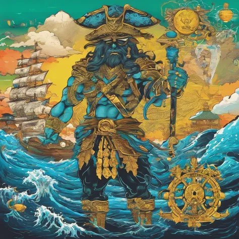 create a mutant or monster pirate, background with the sea, vibrant colors, golden accessories, brilliant eyes (blue, brown, black, green, neon), body and face colors (black, white, yellow, brown, gold), tattoos.