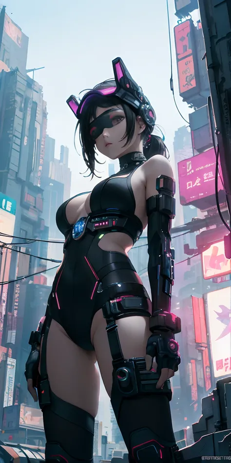 top-quality))、((​masterpiece)、Cyberpunk City、Depiction seen from below、13 year old girl、Breasts a little bigger、Emphasis on the thighs、Electronic visor attached to face