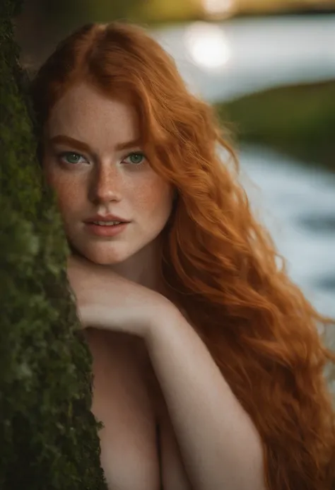 A beautiful ginger girl with freckles, 18 yearold, sexy and thicc, Green eyes, Big breasts, Big butt, sweaty, shiny, lewd face