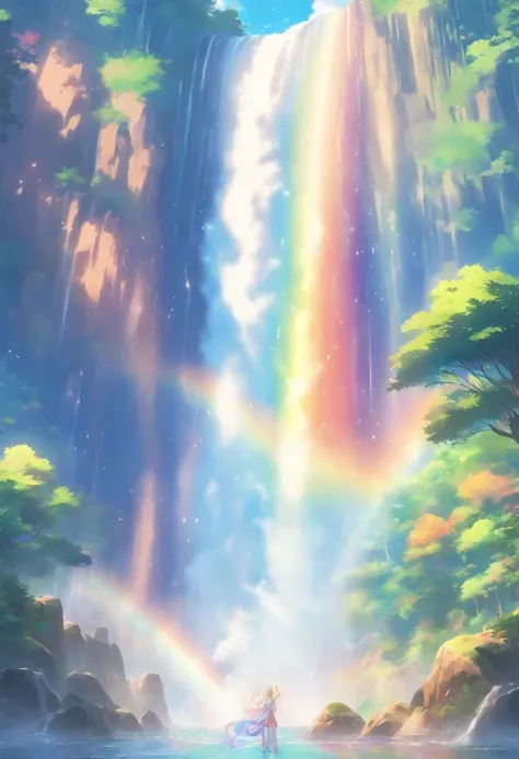 (((Rainbow at the waterfall)) best quality, very high resolution, 4K detailed CG, master piece, waterfall, Rainbow, Forest, aesthetics, ((Arco Iris)), Beautiful image, centered on the screen