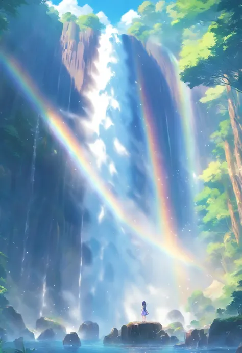 (((Rainbow at the waterfall)) best quality, very high resolution, 4K detailed CG, master piece, waterfall, Rainbow, Forest, aesthetics, ((Arco Iris)), Beautiful image, centered on the screen