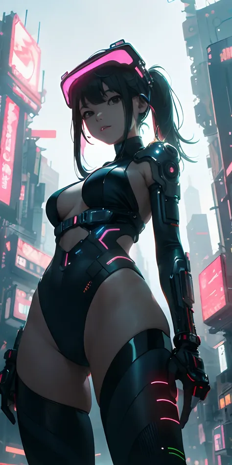 top-quality))、((​masterpiece)、Cyberpunk City、Depiction seen from below、13 year old girl、Breasts a little bigger、Emphasis on the thighs、Glowing electronic visor attached to the face