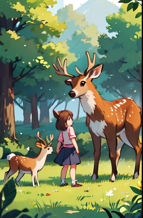 Park with deer、Teenage girl is touching deer