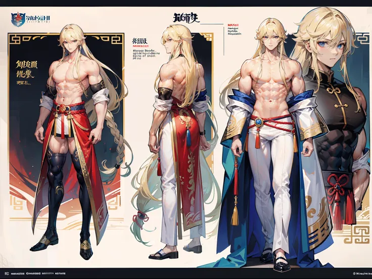 ((Masterpiece, Highest quality)), Detailed face, character design sheet， full bodyesbian, Full of details, frontal body view, back body view, Highly detailed, Depth, Many parts, Muscle boy with long blonde hair with long bangs，handsome man, muscle body, Tr...