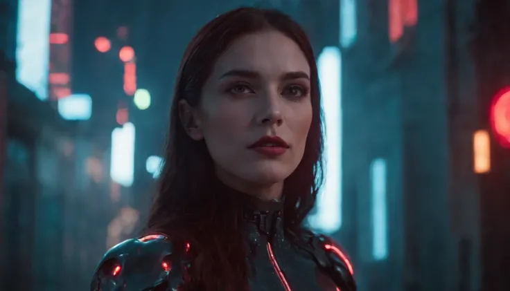 Theres a cyborg woman with cyborg elements on her face standing in a cyberpunk city alley at night, darksynth aesthetic, red neons, beautiful woman, haze, foggy night, ultra detailed, photorealistic.