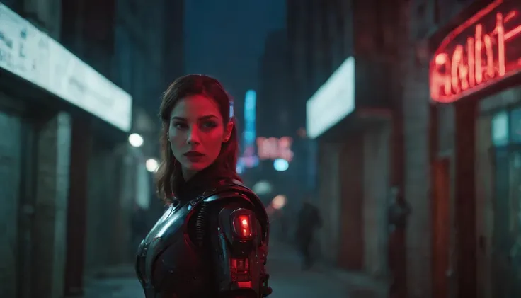 Theres a cyborg woman with cyborg elements on her face standing in a cyberpunk city alley at night, darksynth aesthetic, red neons, beautiful woman, haze, foggy night, ultra detailed, photorealistic.