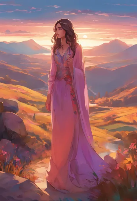 best quality,ultra-detailed,realistic,highres,photorealistic:1.37,portraits,landscape,colors:blue,purple,lighting:soft

A girl standing alone in a surreal landscape, surrounded by vast, colorful mountains and a serene, starry sky. The girl is wearing a flo...