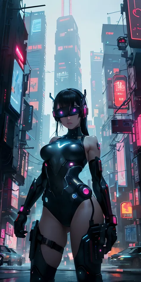 top-quality))、((​masterpiece)、Cyberpunk City at night、Depiction seen from below、13 year old girl、Breasts a little bigger、Landscape figure emphasizes thighs、Glowing electronic visor mounted on the face、Sexy Posing