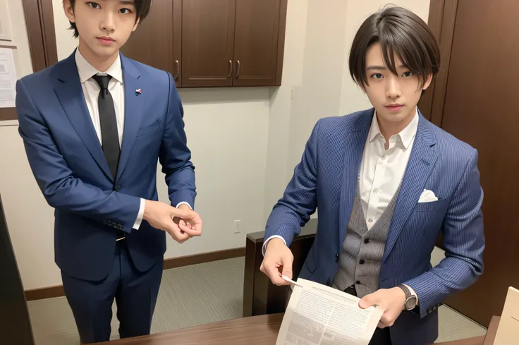 23years old、Men in Japan、1人、businessman、Standing with arms crossed、Confident face、Ultra-luxury suits、Striped suit、　s Office、Wearing a suit、twinks、（Highly detailed photos in 8K）、（Very detailed handsome man）、beautidful eyes、Photo Real、（top-quality）、ultra-det...