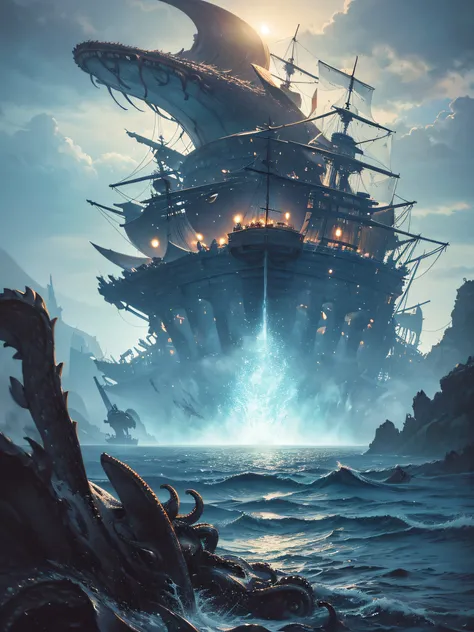 Giant octopus (Kraken) attacking a large pirate ship, rough sea, shipwrecked pirates, gray sky with clouds, specks of sun between the clouds, (ultra-realistic), {extremely detailed 8k CG unit wallpaper}, photography by expansive landscape, (a view from abo...