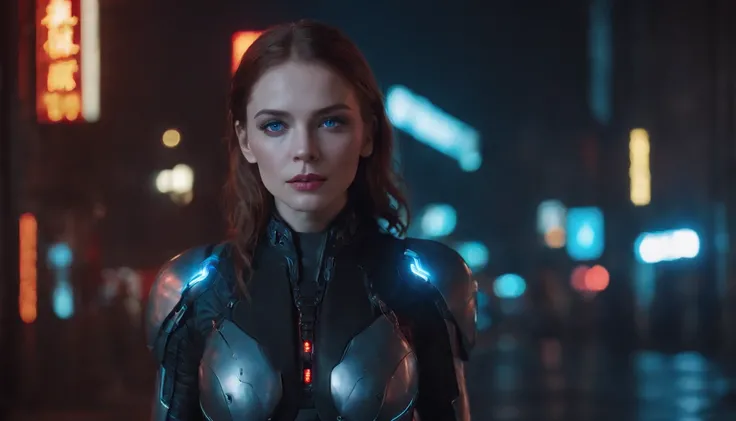 Theres a cyborg woman with cyborg elements on her face (blue eyes) standing in a cyberpunk city alley at night, darksynth aesthetic, red neons, beautiful woman, haze, foggy night, ultra detailed, photorealistic.