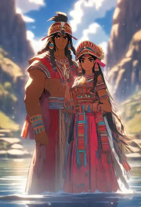 (((Peruvian couple))) best quality, very high resolution, 4K detailed CG, master piece, Couple, Man and Woman, lake, Peruvian clothes, Inca mythology, ((Lake TITICACA)), Beautiful image, centered on the screen