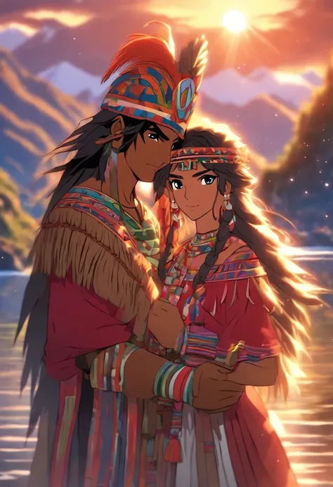 (((Peruvian couple))) best quality, very high resolution, 4K detailed CG, master piece, Couple, Man and Woman, lake, Peruvian clothes, Inca mythology, ((Lake TITICACA)), Beautiful image, centered on the screen