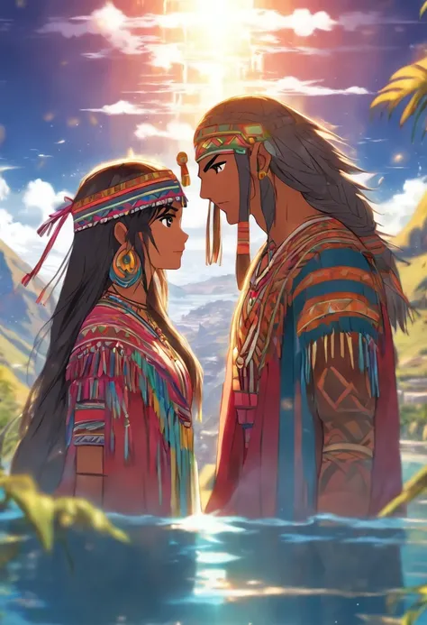 (((Peruvian couple))) best quality, very high resolution, 4K detailed CG, master piece, Couple, Man and Woman, lake, Peruvian clothes, Inca mythology, ((Lake TITICACA)), Beautiful image, centered on the screen