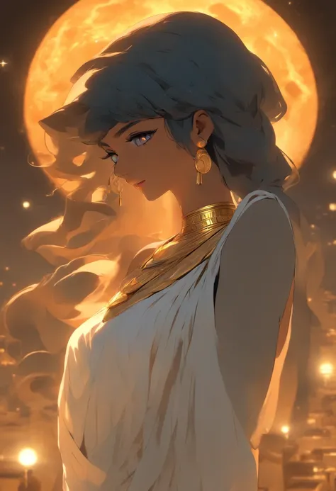 (((NUT))) best quality, ultra-high resolution, 4K detailed CG, master piece, woman, Moon Goddess, night, Moon in the background, white clothes, Egyptian clothes, EGYPTIAN mythology, desert, aesthetics, ((body complete)), standing, Beautiful image, centered