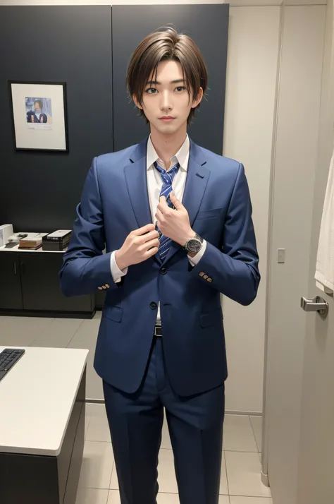 23years old、Men in Japan、1人、businessman、Standing with arms crossed、Confident face、Ultra-luxury suits、Striped suit、　s Office、Wearing a suit、twinks、（Highly detailed photos in 8K）、（Very detailed handsome man）、beautidful eyes、Photo Real、（top-quality）、ultra-det...