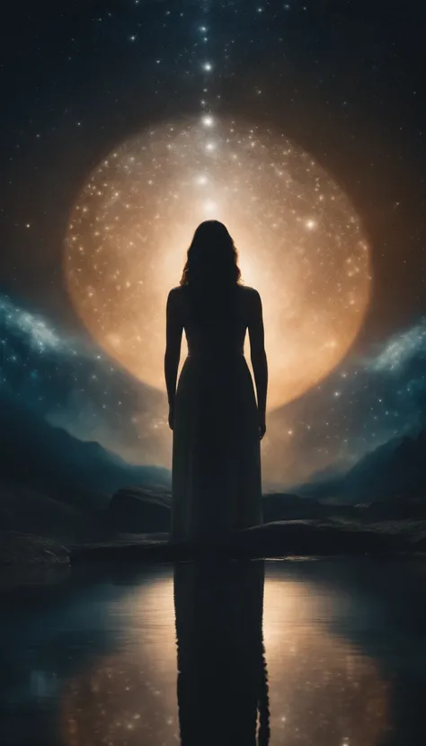 Mystical woman in the middle of the universe deep meditation, Etéric atmosphere,