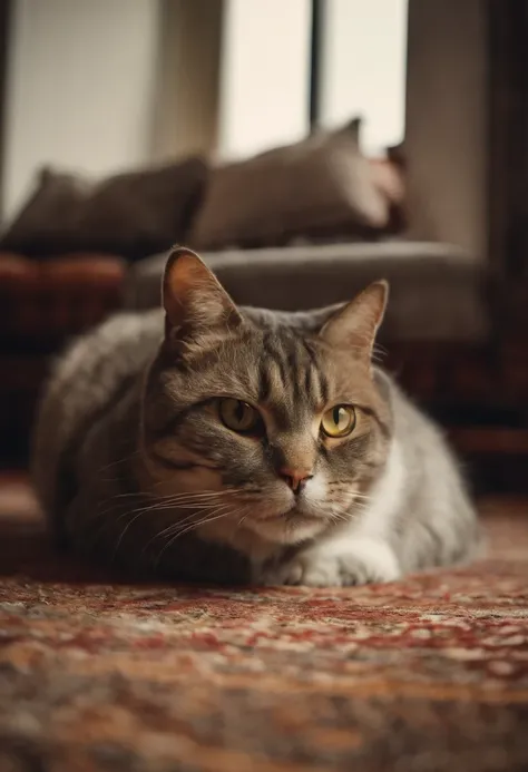 fat cat lying on the carpet from eating too much