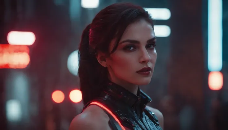 Theres a cyborg woman with cyborg elements on her face standing in a cyberpunk city alley at night, darksynth aesthetic, red neons, beautiful woman, haze, foggy night, horror cyberpunk, noir aesthetic, sci fi thriller aesthetic, ultra detailed, photorealis...