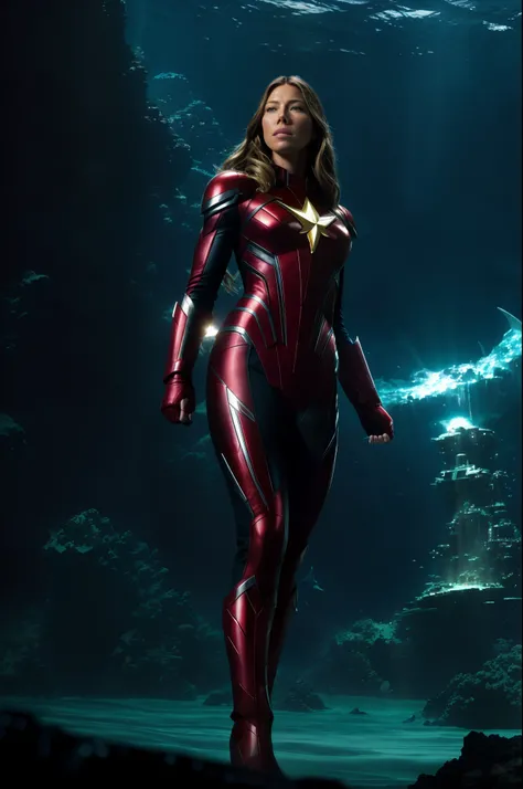 Low angle shot of Jessica biel in the Eternals movie, speedster In the ocean, MCU, superhero action pose, background of a destroyed, in a Battle, fighting, Full body, real, Tyrannical Supervillain, IMAX film, hyperrealistic, high resolution movie still, ci...