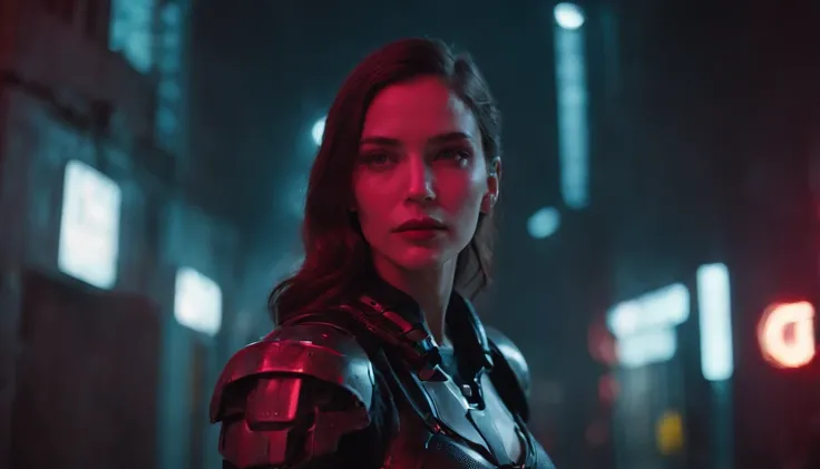 Theres a cyborg woman with cyborg elements on her face standing in a cyberpunk city alley at night, darksynth aesthetic, red neons, beautiful woman, haze, foggy night, horror cyberpunk, sci fi thriller aesthetic, ultra detailed, photorealistic.