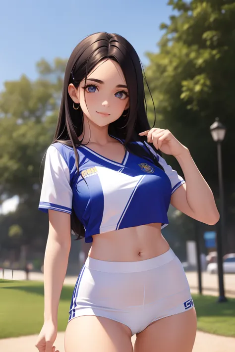 cheeleader,sorrisinho,Leading Crowd,Cheerleader uniform, (((master part))), (((best quality))), ((ultra-detalhado)), (illustration), ((um extremamente delicado e bonito)),(Bokeh,blurry background),(Melhor sombra), 1girl,Calcinha Branca, cabelos pretos, cab...