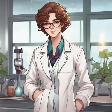 a visual novel character portrait of a quirky scientist in a white coat. neutral pose