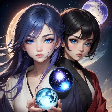 Crie uma imagem de um jovem de cabelos pretos, um kimono azul bem escuro, Black blue eyes and a floating bluish purple orb in hand, Make it with a galaxy in the background and anime style