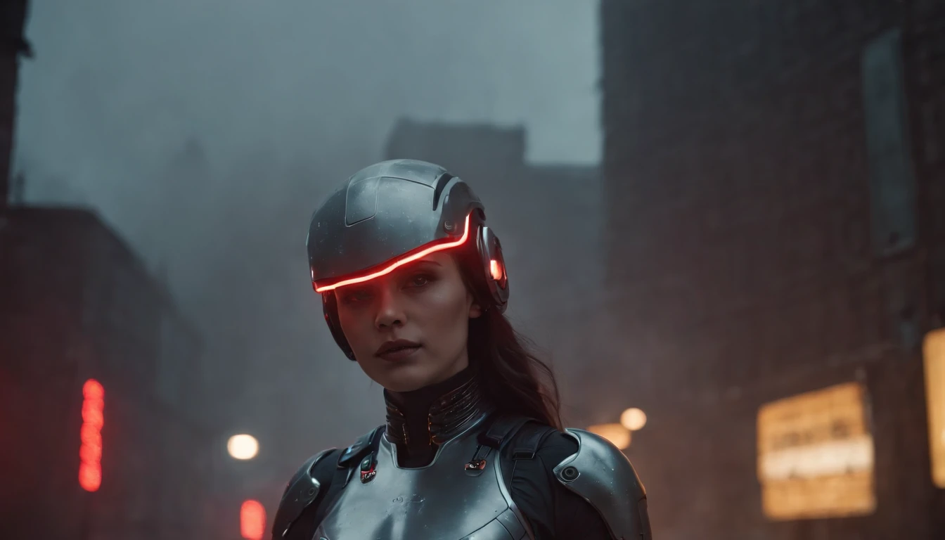 Theres a cyborg woman with cyborg helmet standing in a cyberpunk city alley at night, futuristic soldier female tight suit, darksynth aesthetic, red neons, beautiful woman, haze, foggy night, horror cyberpunk, noir aesthetic, sci fi thriller aesthetic, ult...