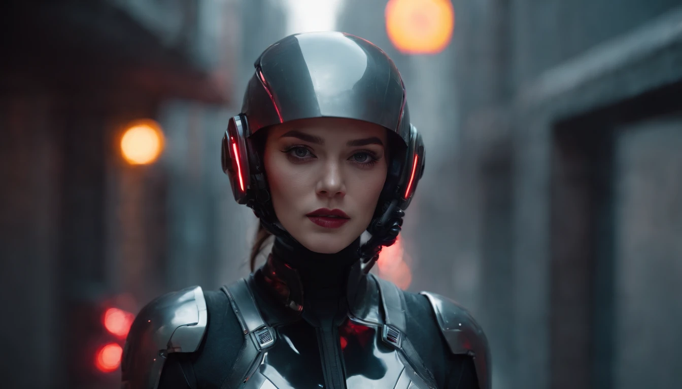 Theres a cyborg woman with cyborg helmet standing in a cyberpunk city alley at night, futuristic soldier female tight suit, darksynth aesthetic, red neons, beautiful woman, haze, foggy night, horror cyberpunk, noir aesthetic, sci fi thriller aesthetic, ult...