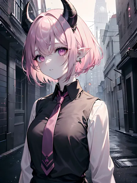 (masterpiece,best quality,ultra-detailed),1girl,horns,short hair,messy hairstyle,black and pink hair,dark hair, pale skin,pointy ears,beautiful and detailed face, detailed eyes, pink shirt,tie,night,fog,street,((grey theme))