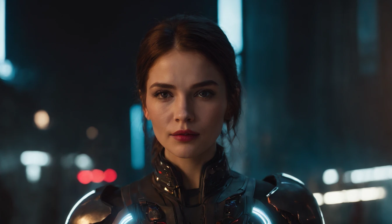 Theres a cyborg woman with cyborg elements on her face standing in a cyberpunk city alley at night, futuristic soldier female tight suit, dark knight movie aesthetic, darksynth aesthetic, red neons, beautiful woman, haze, foggy night, horror cyberpunk, noi...