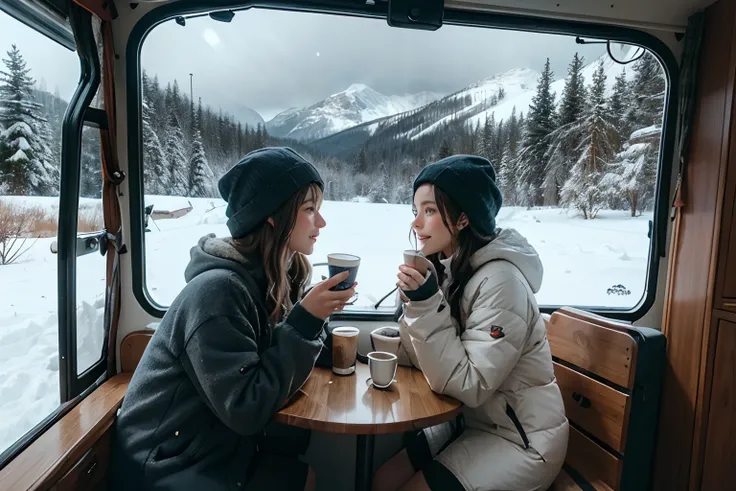 Couple inside a motorhome, wearing winter clothing, drinking coffee, eating birthday cake with candles, and looking through the window the snow falling, mountain and forest landscape. Blue hour, highly detailed. Photorealistic.