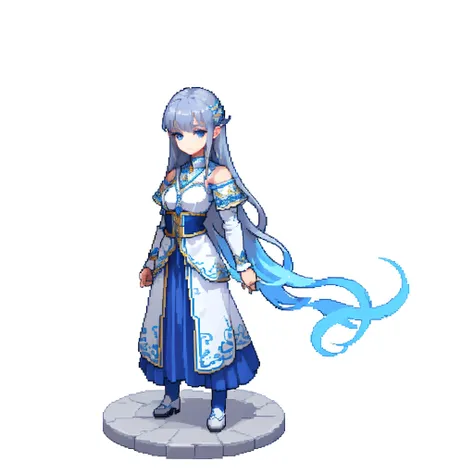 white background、full bodyesbian、elvish、long-haired gray hair、blue national costume、wearing a blue aura