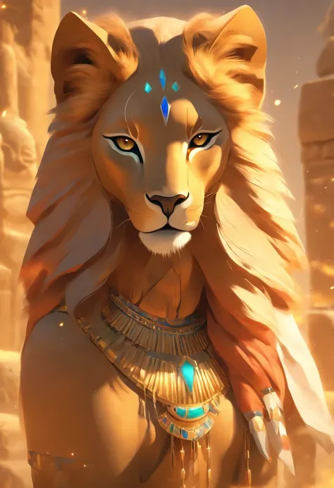 (((SEKHMET))) best quality, ultra-high resolution, 4K detailed CG, master piece, woman, Lioness Goddess, SEKHMET, Egyptian clothing, EGYPTIAN mythology, desert, aesthetics, ((lioness head)), standing, Beautiful image, centered