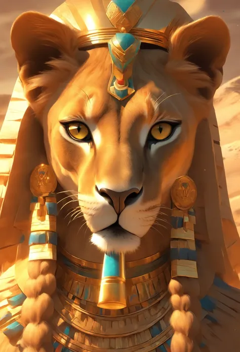 (((SEKHMET))) best quality, ultra-high resolution, 4K detailed CG, master piece, woman, Lioness Goddess, SEKHMET, Egyptian clothing, EGYPTIAN mythology, desert, aesthetics, ((lioness head)), standing, Beautiful image, centered