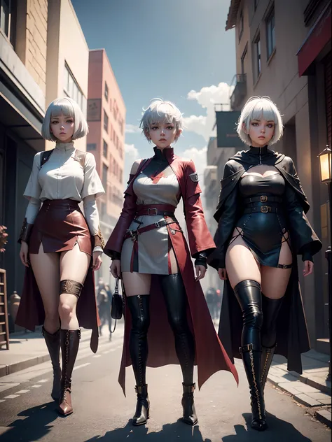 character sheet, full body front and back, street fashion, red wine long robe dress, adorable girl, Her Asymmetric Pixie hairstyle, silver hair, short hair, and left-facing bangs, long gold legging, boots, cute girl, perfect skinny figure, intricate detail...