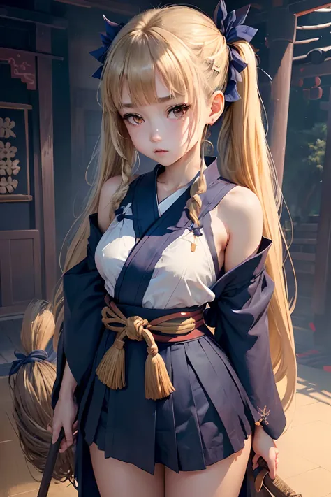 ((NSFW)),girl with, (((Petite girl with blonde twin tails))),(the Extremely Detailed CG Unity 8K Wallpapers), most beautiful artwork in the world,(((off shoulders))),((())),((In front of the shrine)),((altar)),(((Tatami mats))),((())),((())),((())),(((Dark...