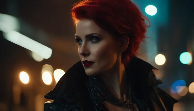 Theres a cyberpunk woman with cyborg elements on her face standing in a cyberpunk city alley at night, punk hairstyle, red hair, crest haircut, dark knight movie aesthetic, darksynth aesthetic, red neons, beautiful woman, haze, foggy night, horror cyberpun...