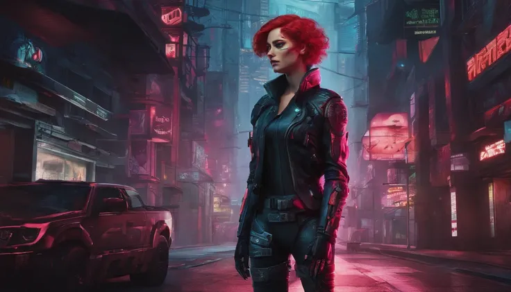 Theres a cyberpunk woman with cyborg elements on her face standing in a cyberpunk city alley at night, punk hairstyle, red hair, crest haircut, dark knight movie aesthetic, darksynth aesthetic, red neons, beautiful woman, haze, foggy night, horror cyberpun...