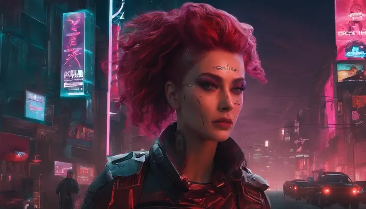 Theres a cyberpunk woman with cyborg elements on her face standing in a cyberpunk city alley at night, punk hairstyle, red hair, crest haircut, dark knight movie aesthetic, darksynth aesthetic, red neons, beautiful woman, haze, foggy night, horror cyberpun...